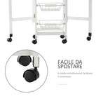 kitchen trolley with 3 baskets, drawer and flaps, 6 swivel wheels, in MDF and metal, 37x37x77.5cm, white and wood - Borgè