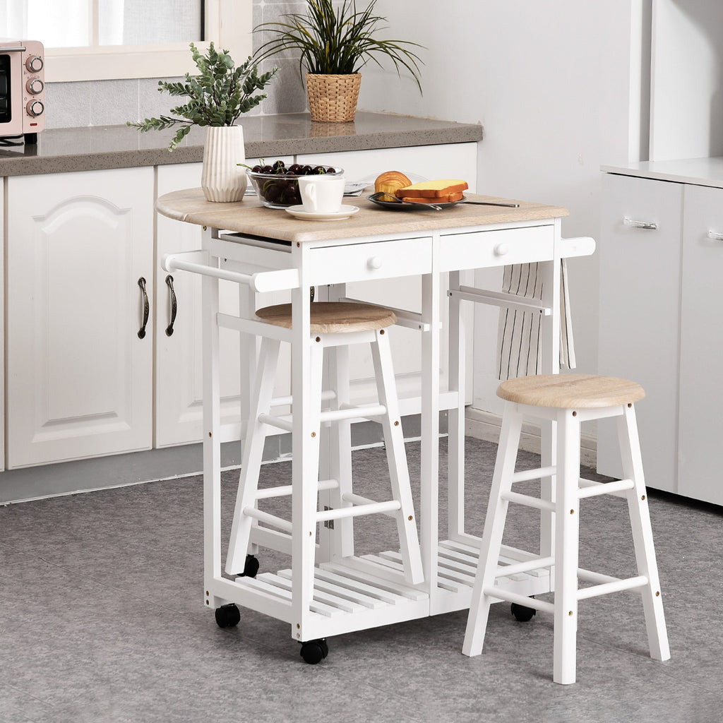 Folding Kitchen Cart with 2 White MDF wooden stools - Borgè