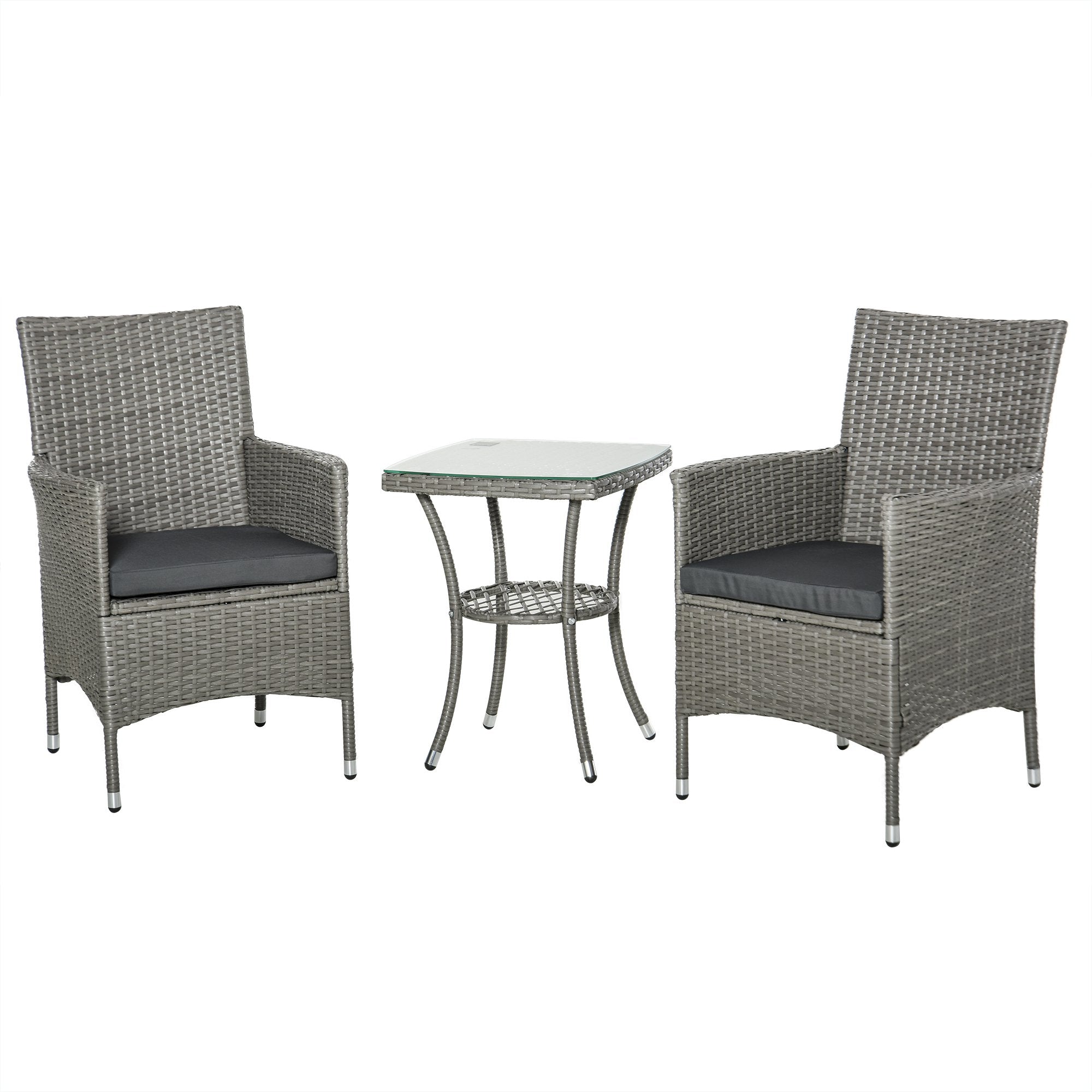 3-Piece Outdoor Garden Set in PE Rattan and Steel, Set of 2 Chairs with Washable Cushions, Armrests, Coffee Table with Glass Top, Garden Lounge for Balcony Patio Backyard, Grey - Borge' Group Limited