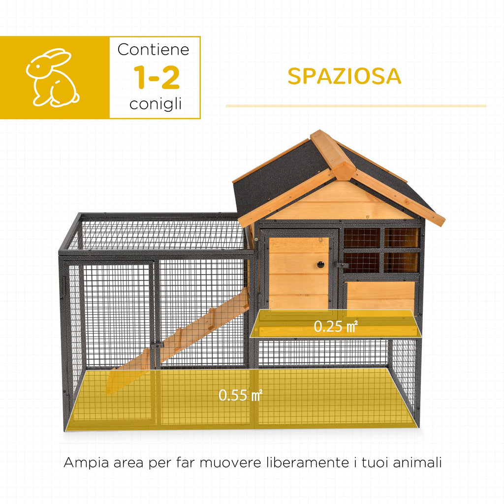Rabbit Cage with House, Ramp and Open Area, Light Yellow Wooden and Metal Rabbit Hutch, 122x63x92cm - Borge' Group Limited