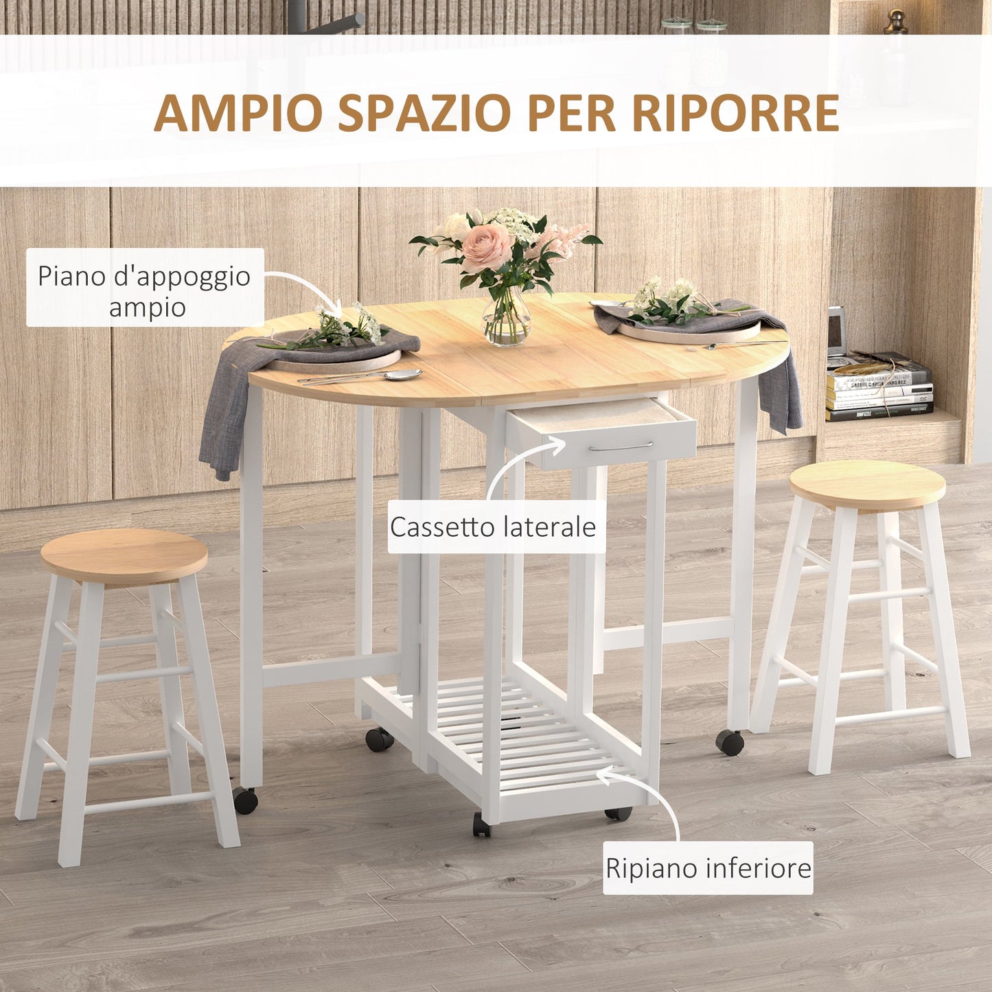 set 3 pieces folding table table and 2 saving stools - white and wood - Borgè