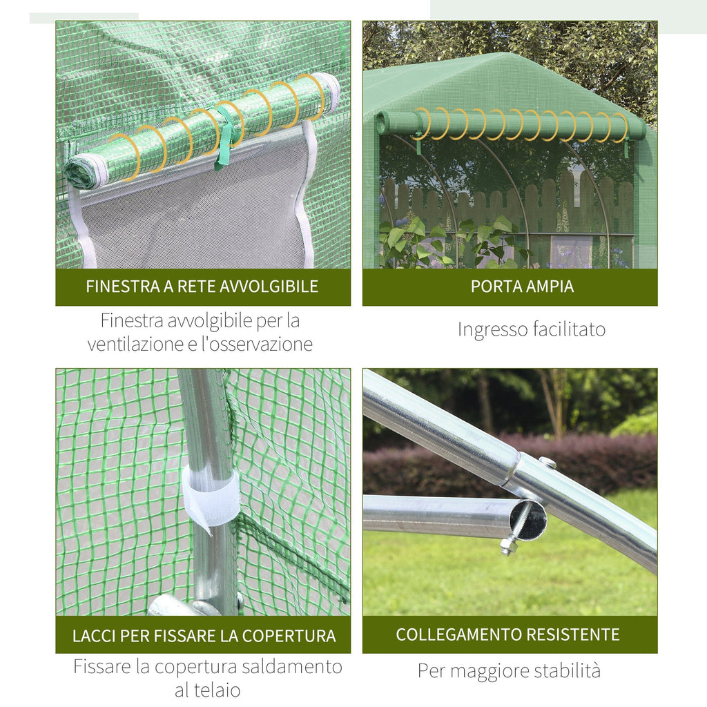Tunnel Greenhouse with PE Cover and Steel Structure, Roll-Up Door and 6 Windows, 3.5x3x2m, Green - Borge' Group Limited