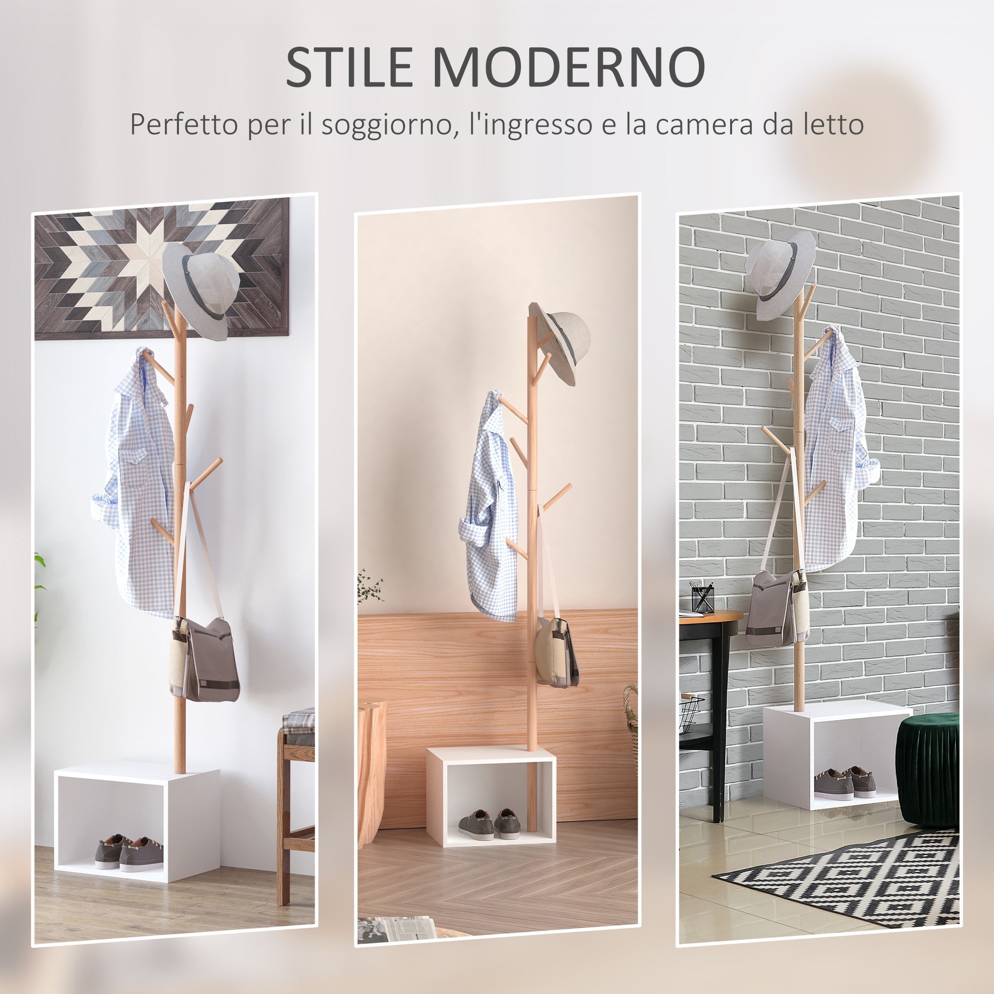 Railbiti shoe rack with 6 bamboo hooks, white, 40x30x180cm - Borgè