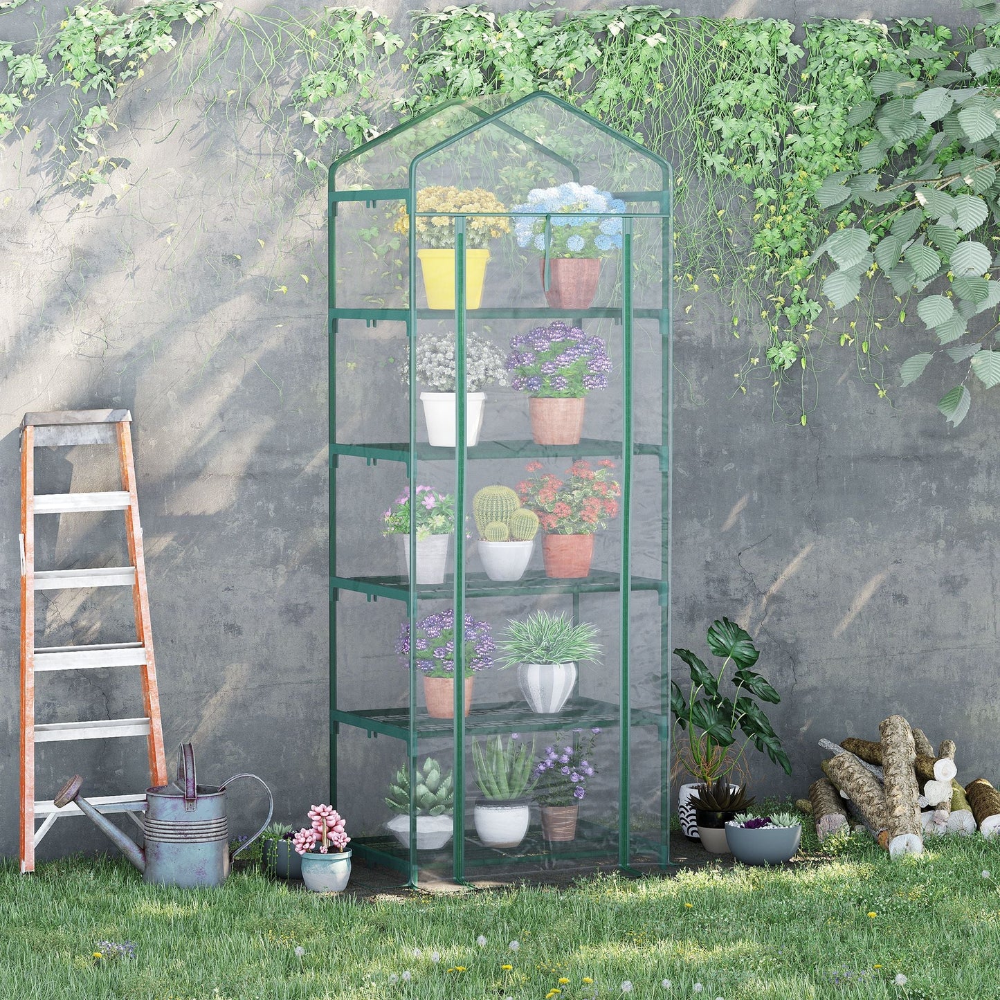 Outsunny 5-Tier Steel Mini Garden and Terrace Plant Greenhouse with PVC Cover, 69x49x193 cm, Green - Borgè