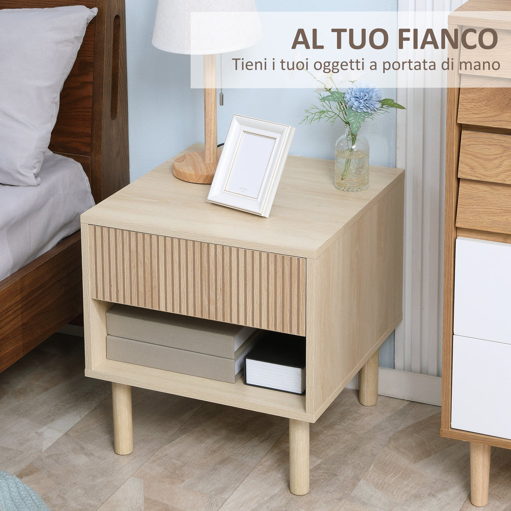 modern bedside table with drawer and open shelf in chipboard, 47x47x50 cm, wood color - Borgè