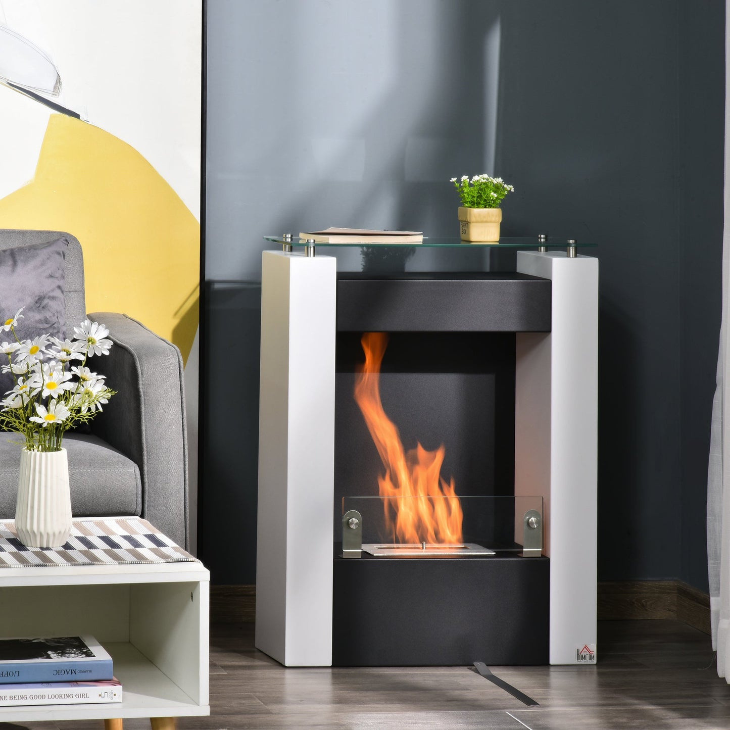 Bioethanol Fireplace with 1.5L Tank and 20m² Coverage, Steel and Glass Biofireplace, 60x20x79cm, Black and White - Borgè