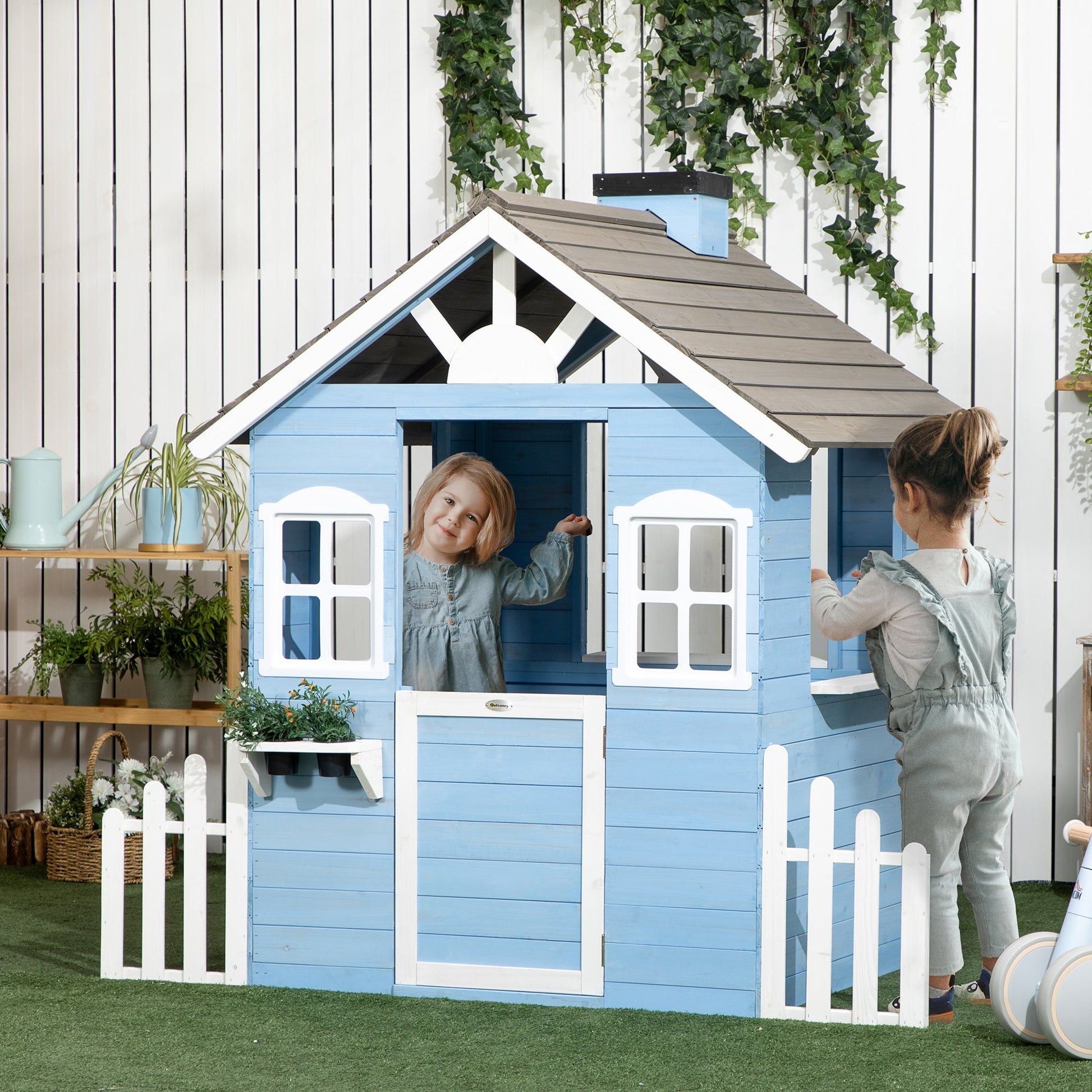 Outsunny house for outdoor wooden children, age 3-7 years, 151x112.5x142cm, blue - Borgè