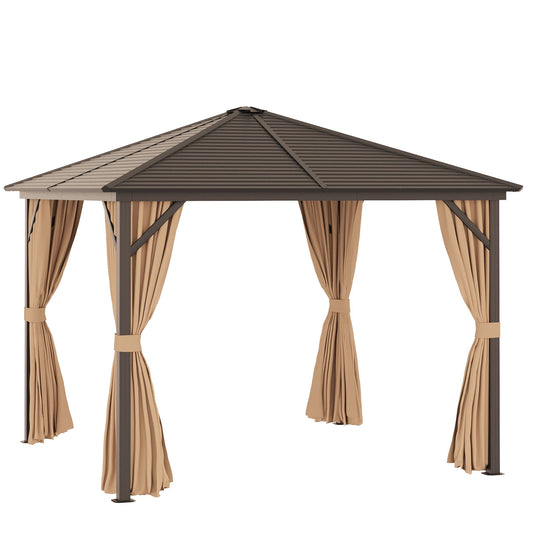 Outsunny Garden gazebo 2.98x2.98m aluminum with mosquito net, side curtains and rigid roof, brown