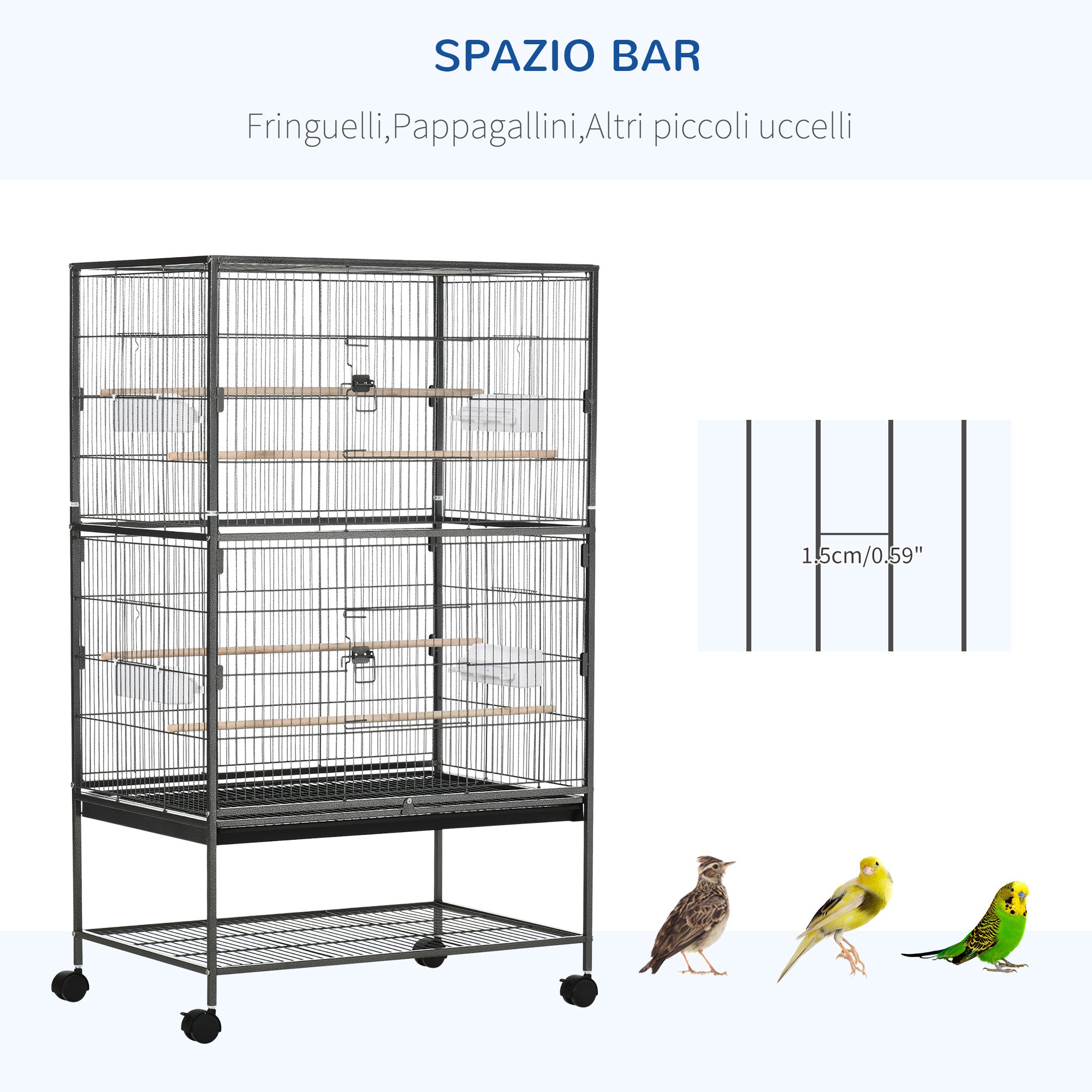 Steel / Wooden Indoor Bird Cage with Tray, 4 Wheels and Perch, 78x52x132cm - Borge' Group Limited