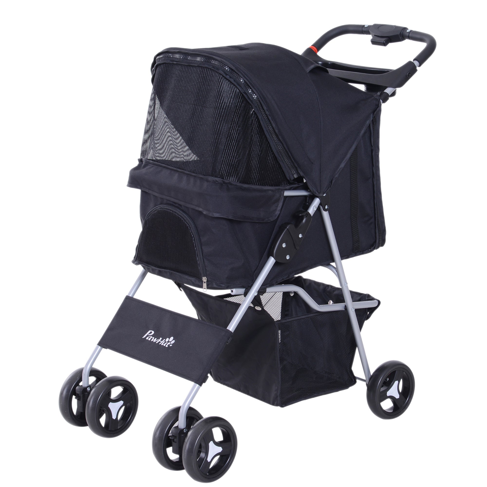 Dog Stroller for Mini and Small Dogs with 3 Zippered Nets, Foldable Pet Stroller in Steel and Oxford Fabric, 75x46x94 cm, Black - Borge' Group Limited
