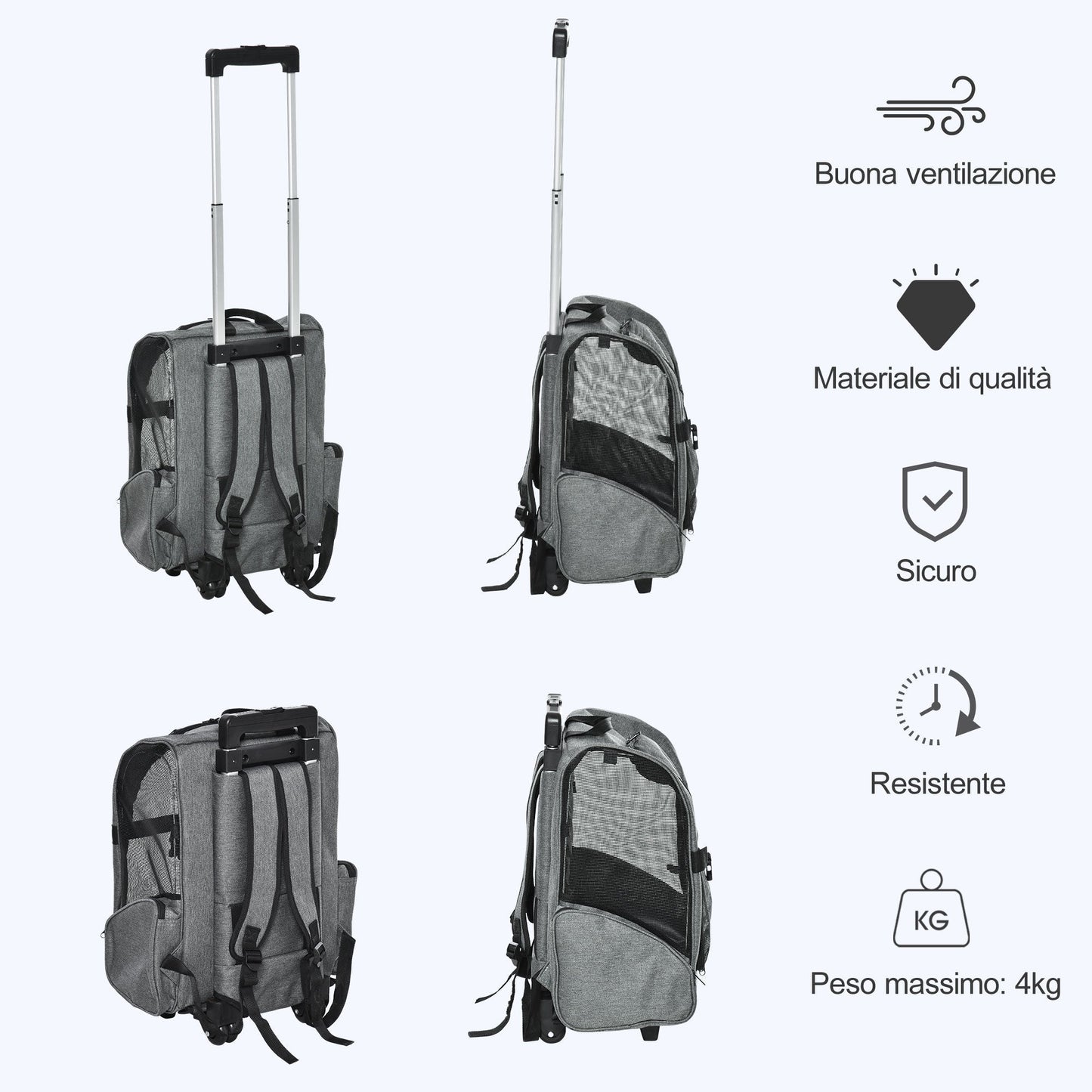 PAWHUT transport backpack 2 in 1 for dogs and cats with side pockets, telescopic handle and wheels, 42x25x55cm, Grey - Borgè