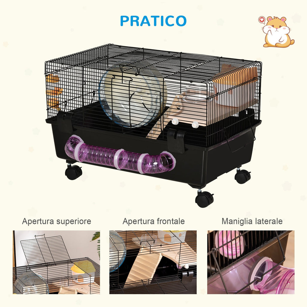 Hamster Cage with House, Tunnel and Wheel, Base with 4 Wheels, 60x35x38.5cm, Black and Brown - Borge' Group Limited