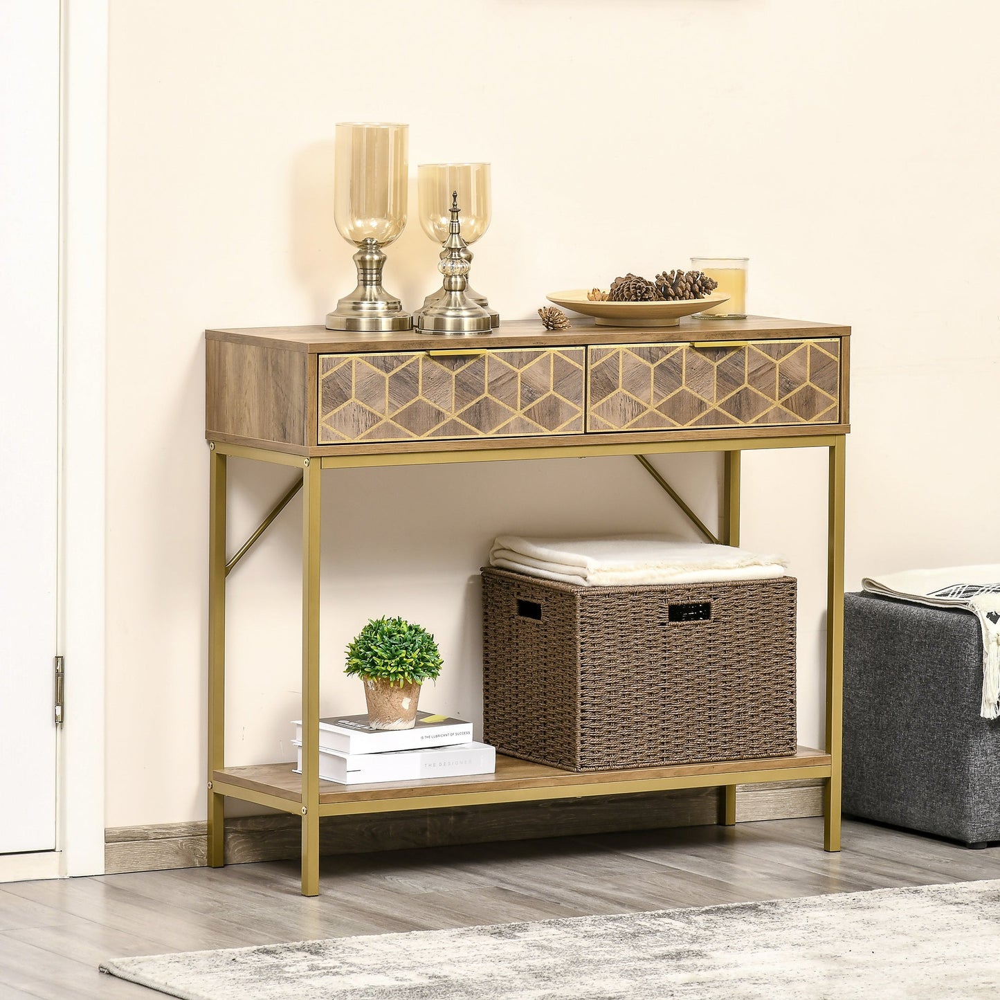 FRIDA | Entrance Console with 2 drawers and wooden shelf | 99x35x86cm