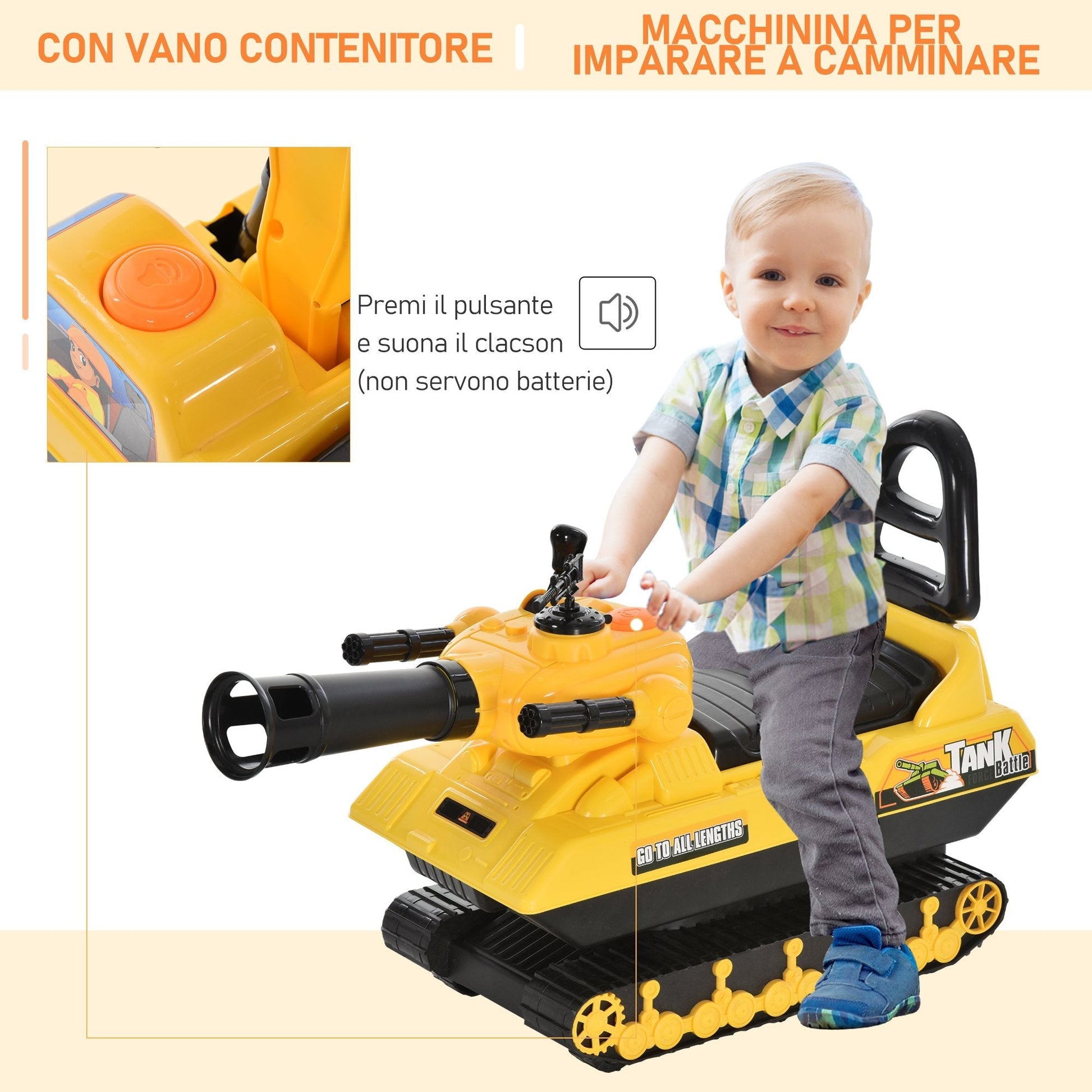 Carmente Children with cannon shoots balls and container compartment, rideable games for children +3 years old, yellow - Borgè