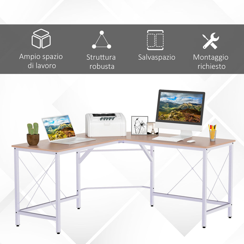 Desk spacious corner of wood and metal, oak and white - Borgè