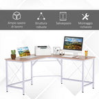 Desk spacious corner of wood and metal, oak and white - Borgè