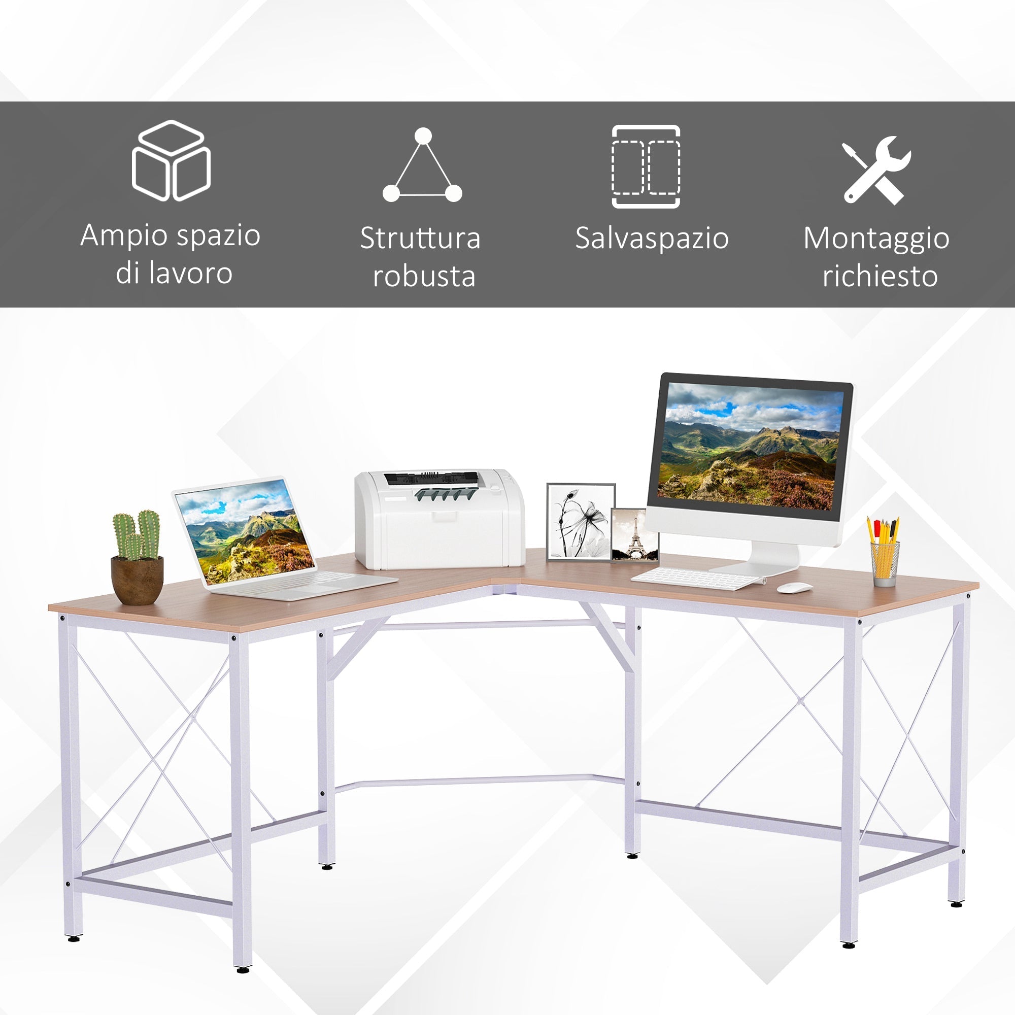 Desk spacious corner of wood and metal, oak and white - Borgè