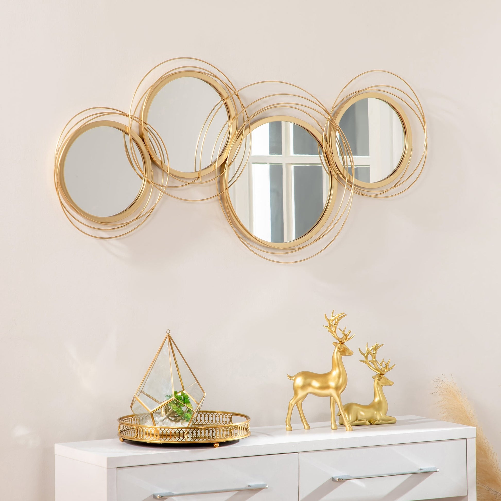 Homcom 3D Metal Mural Decoration, Wall Art in Circles with 107x56cm mirrors, gold - Borgè