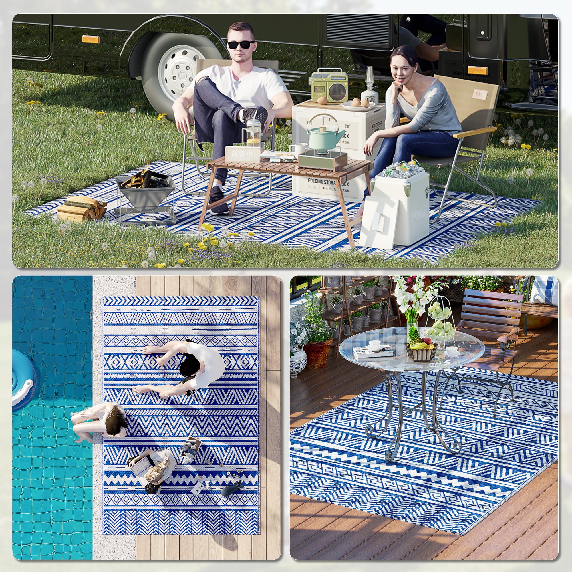 Outsunny outdoor carpet 182x274 cm folding and reversible, in blue and white polypropylene - Borgè