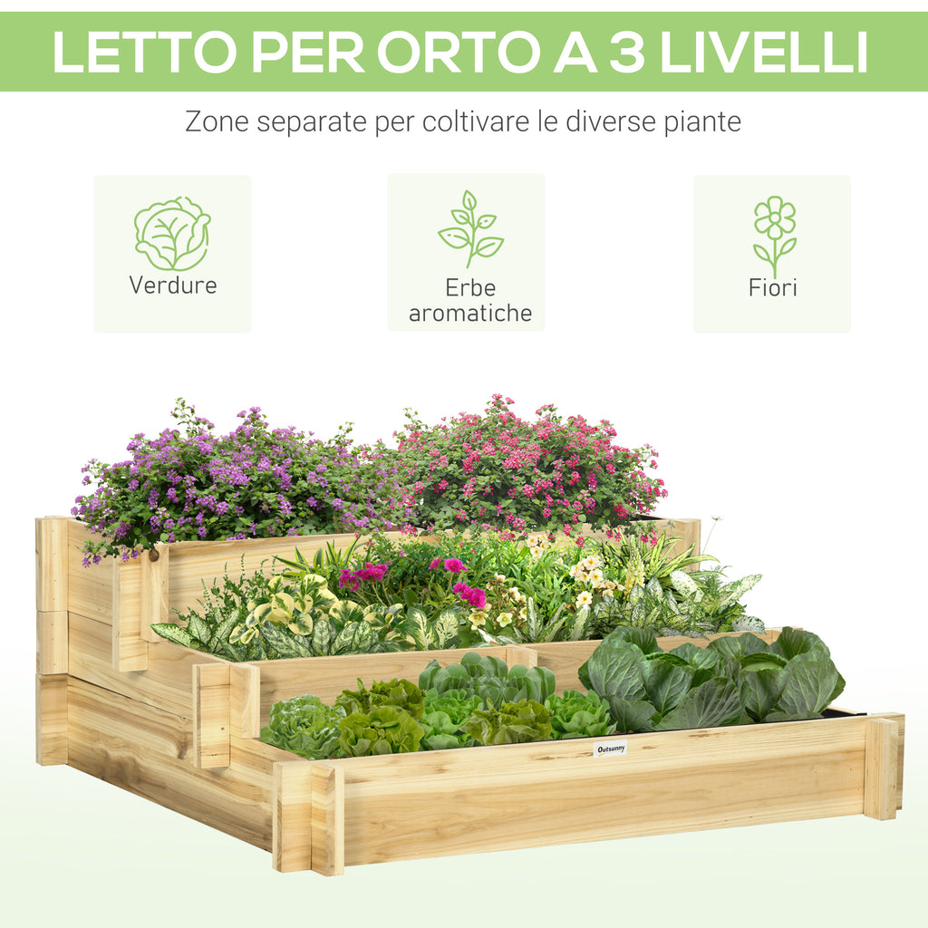Outsunny garden raised at 3 levels in fir wood for vegetables, flowers and garden plants 93x93x35 cm - Borgè