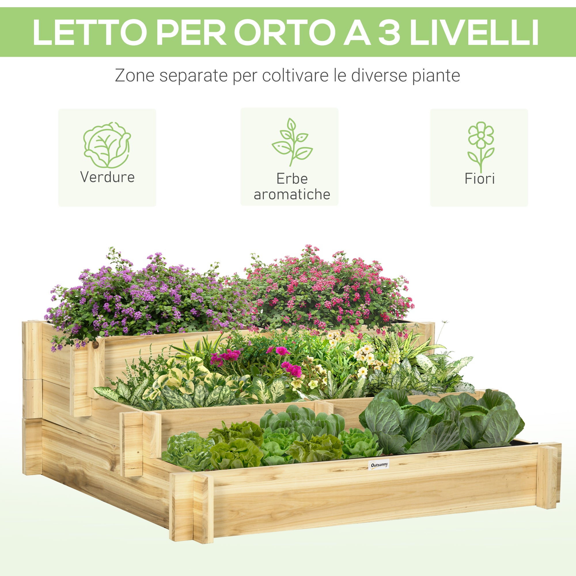 Outsunny garden raised at 3 levels in fir wood for vegetables, flowers and garden plants 93x93x35 cm - Borgè