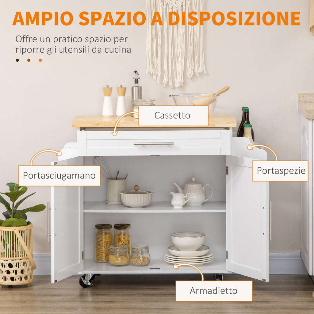 Kitchen Trolley with drawer, door holders, locker and 4 wheels, 109x40x89cm, white - Borgè