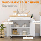 Kitchen Trolley with drawer, door holders, locker and 4 wheels, 109x40x89cm, white - Borgè