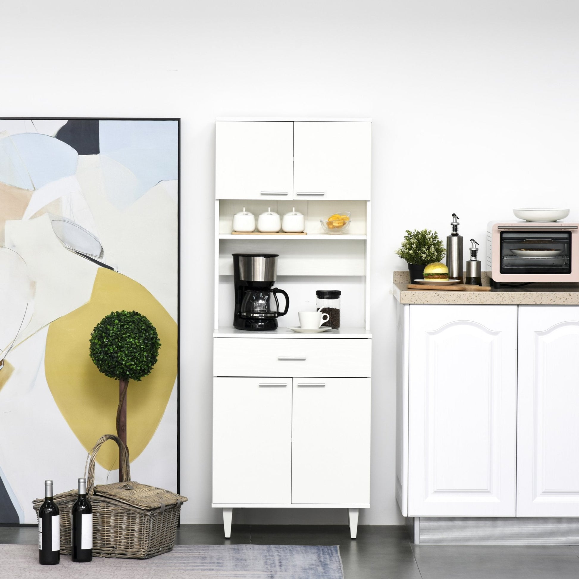 High Kitchen Sideboard, Classic White Wooden Sideboard with 2 Cabinets and 1 Shelf, White, 60x40x160cm - Borgè