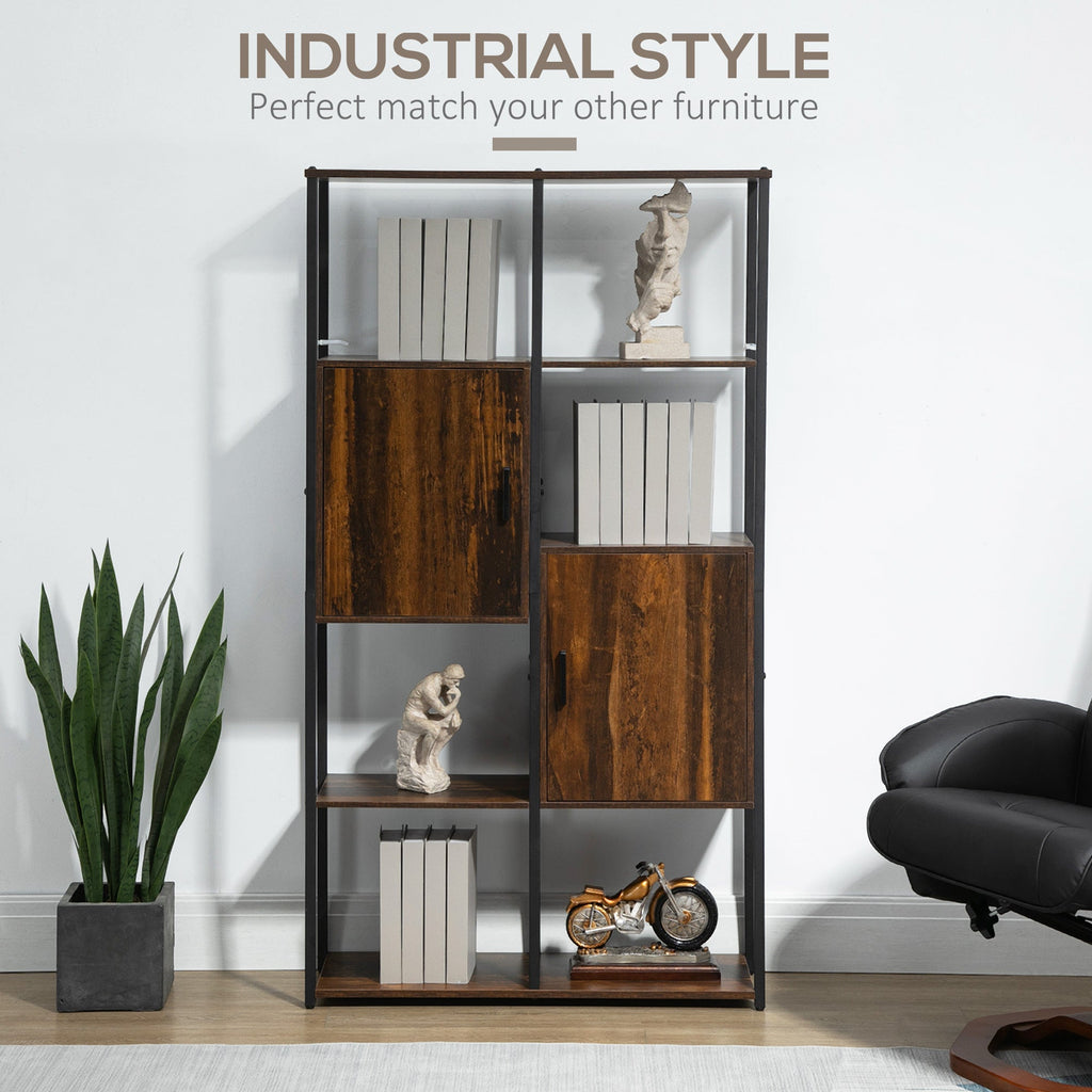 Homond industrial style bookcase with 4 shelves and 2 lockers, 90x30x159.5cm, black and brown - Borgè