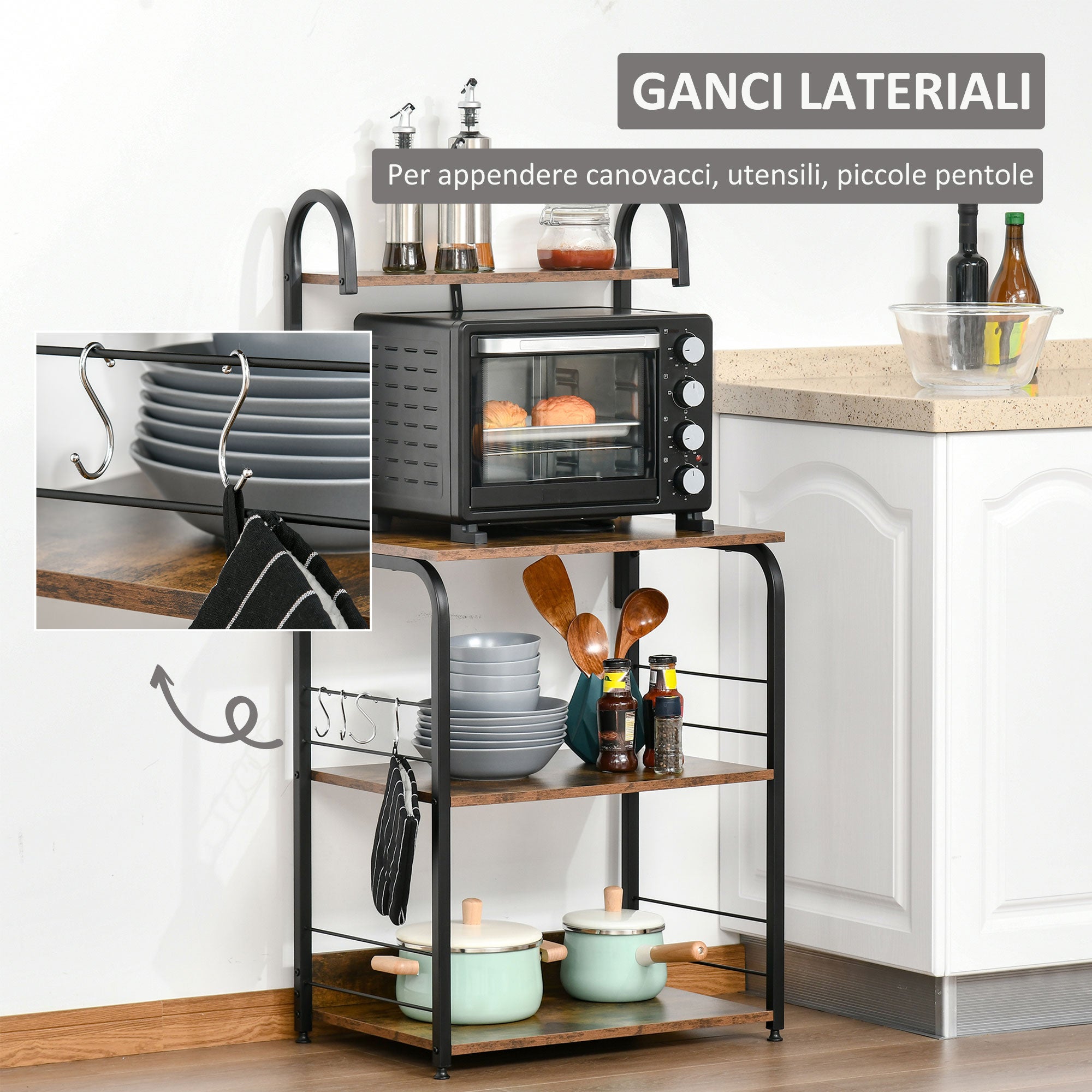Kitchen Mobile 4 shelves and steel hooks and wood 60x40x125cm, wood - Borgè