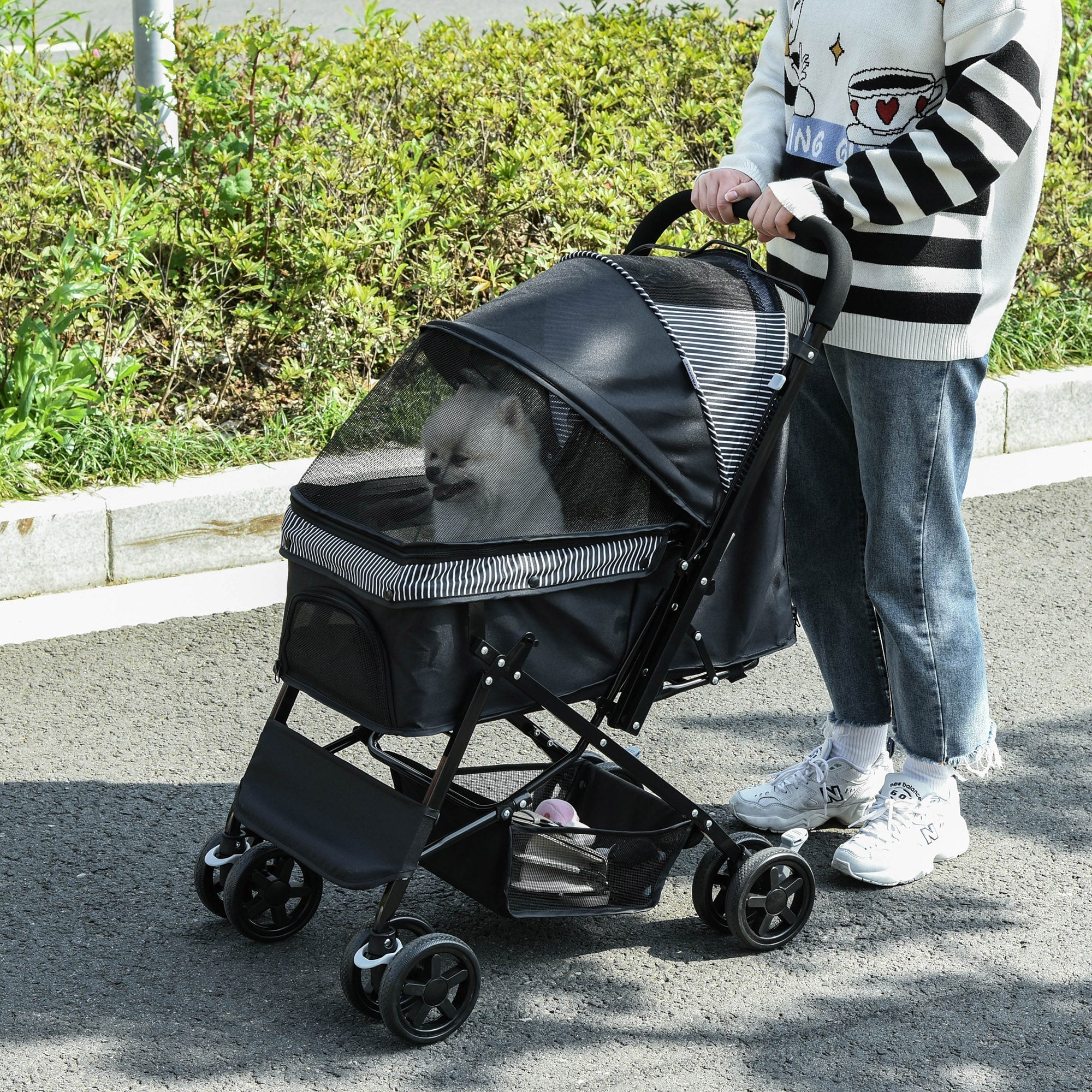 Foldable Dog Stroller with Swivel Handle and Storage Basket, Black - Borge' Group Limited