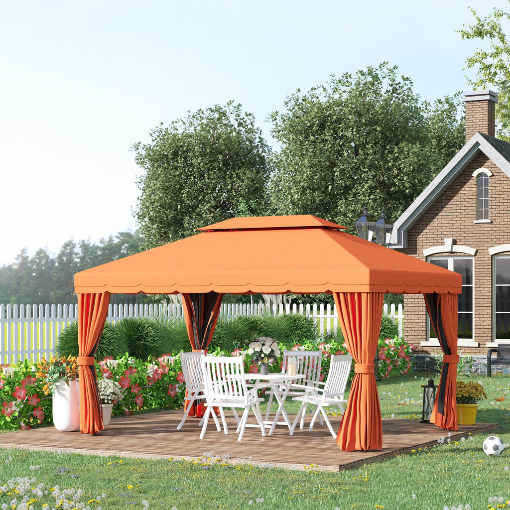 4x3m Garden Gazebo with Double Roof and Side Awnings, Orange - Borge' Group Limited