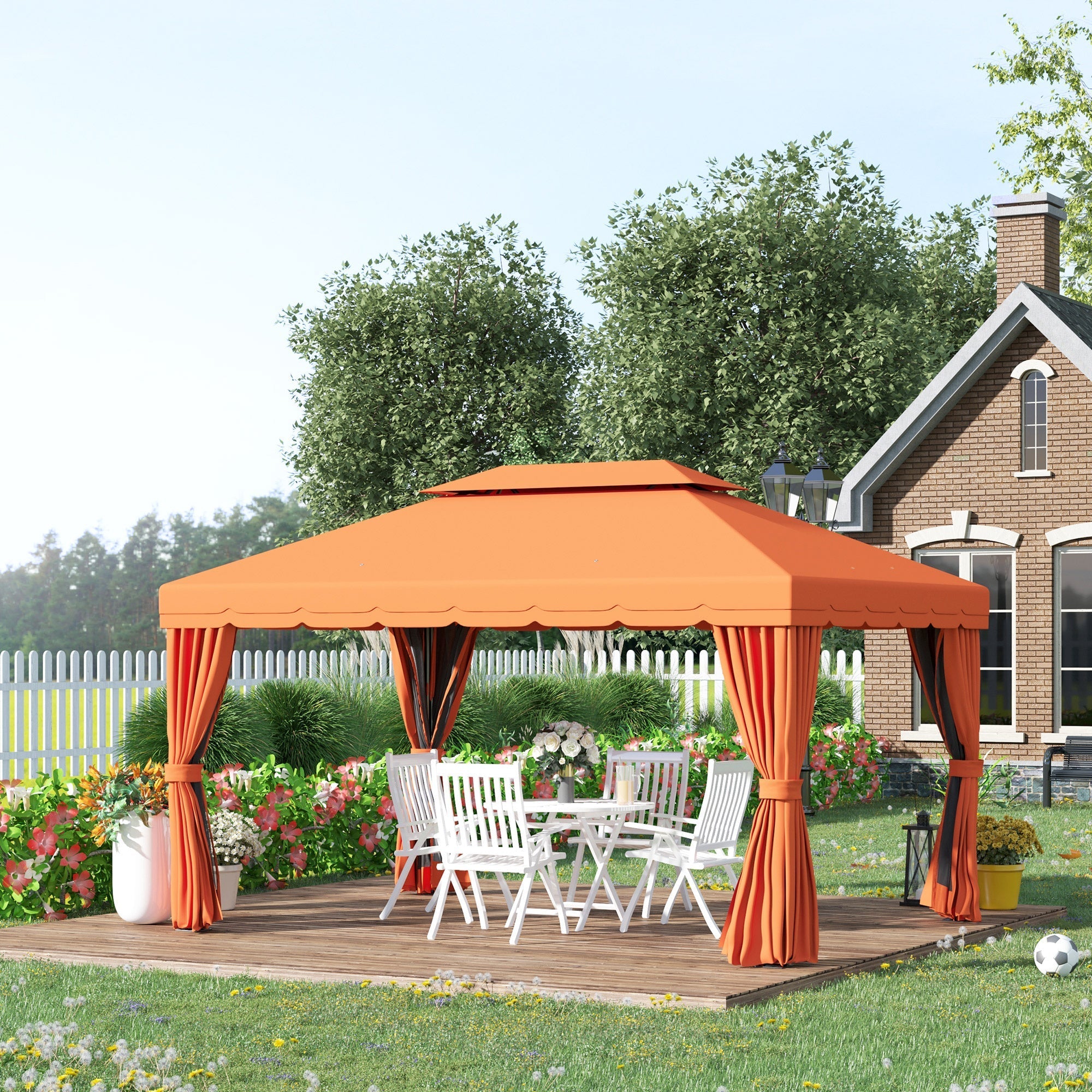 4x3m Garden Gazebo with Double Roof and Side Awnings, Orange - Borge' Group Limited