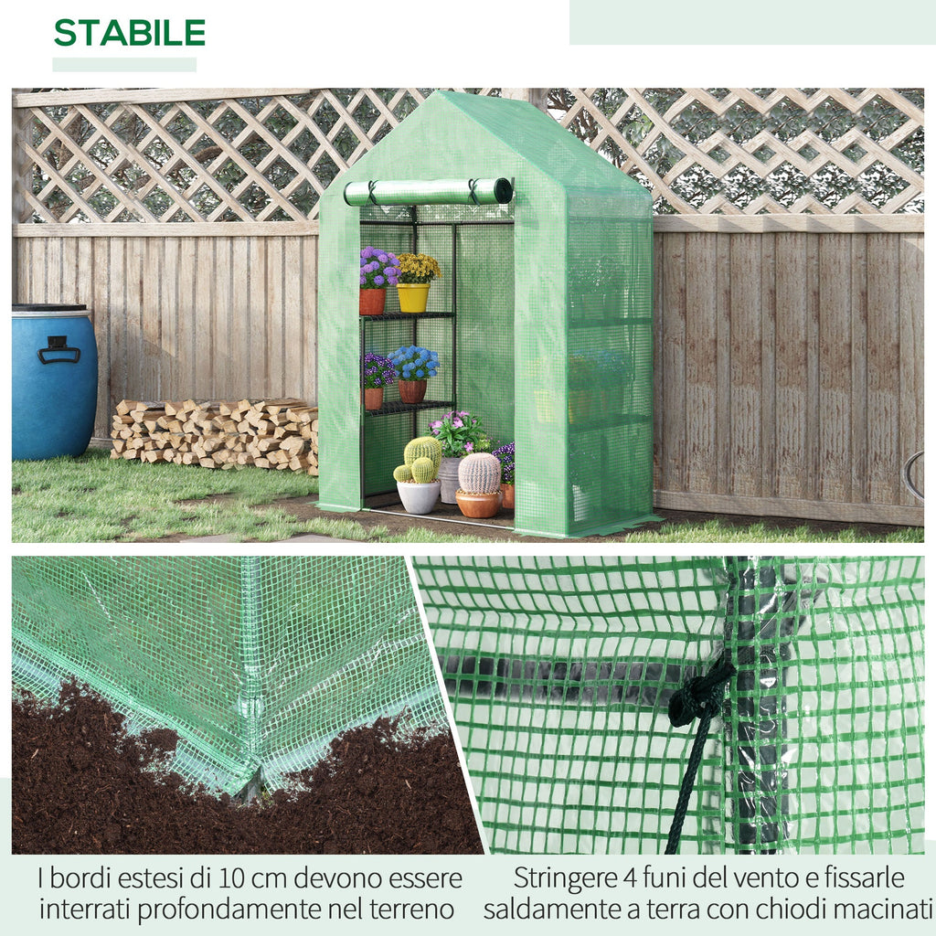 Outsunny Garden greenhouse in steel and plastic PE with 4 shelves, ropes and pickets, 141x72x191 cm, green - Borgè