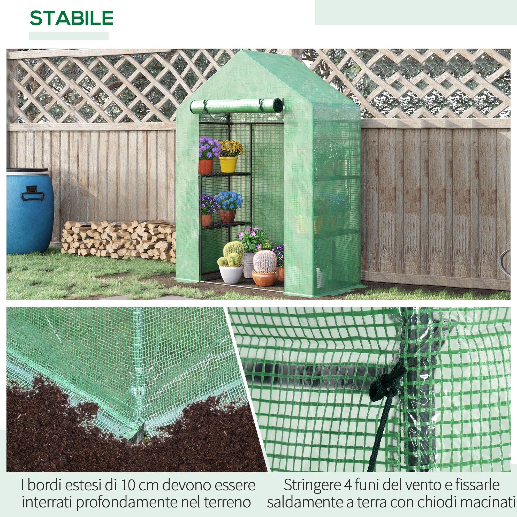 Outsunny Garden greenhouse in steel and plastic PE with 4 shelves, ropes and pickets, 141x72x191 cm, green - Borgè