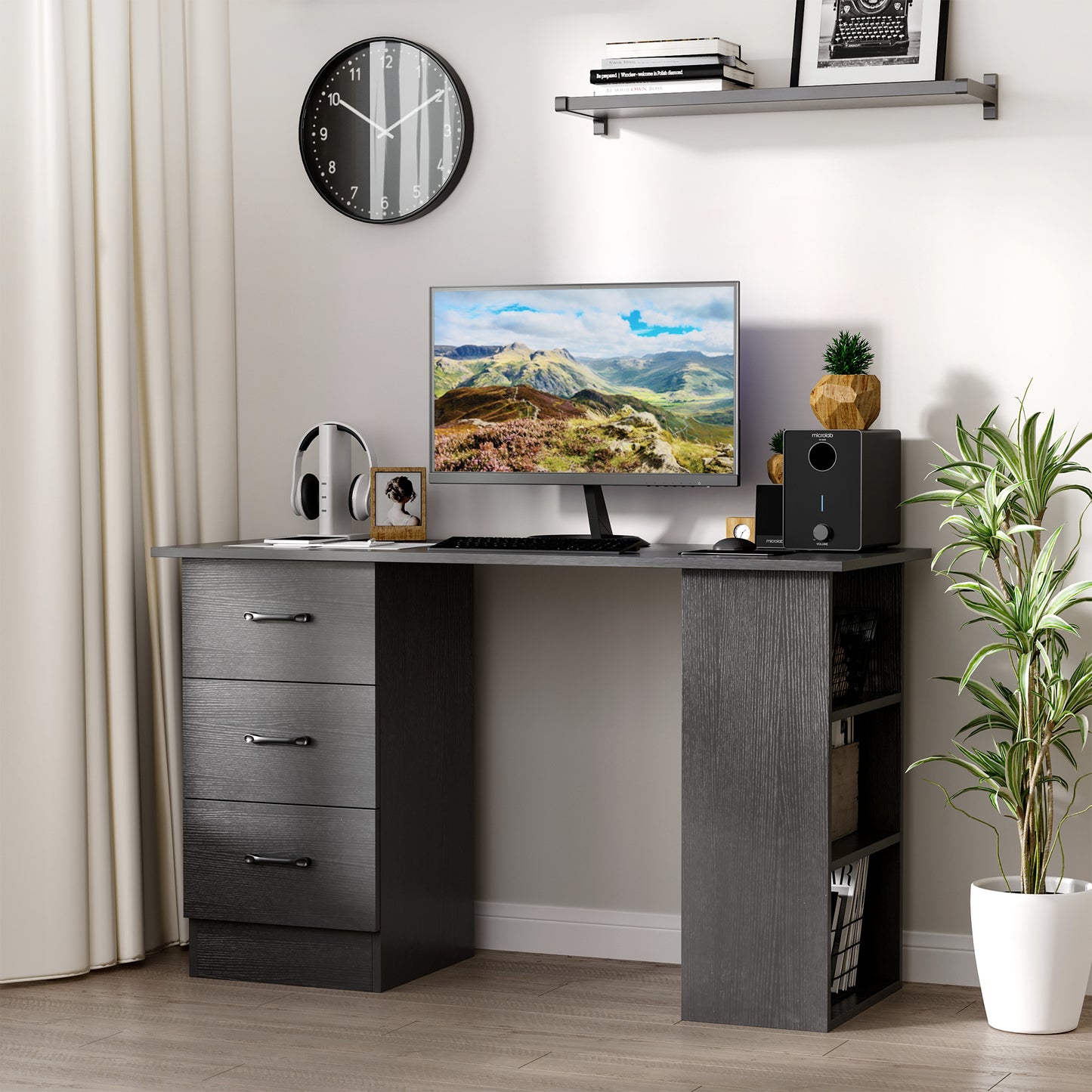 Homcom Modern Wooden desk with 3 drawers and 3 shelves for room and office, 120x49x72cm, black - Borgè