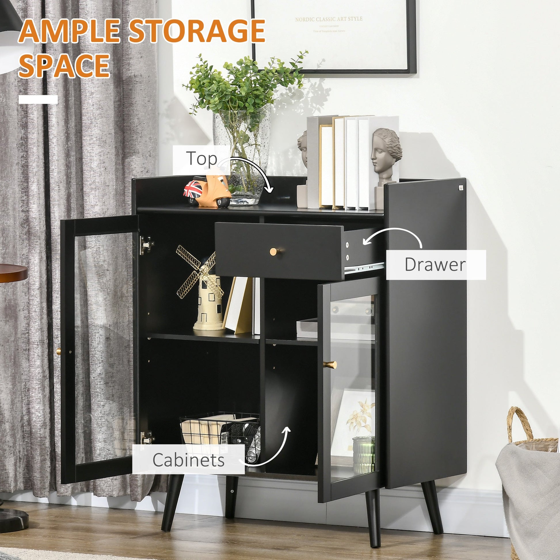 cabinet two doors with adjustable shelf and open spaces in mdf and wood, 80x40x94.3 cm, black - Borgè