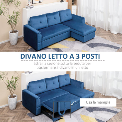 ALEA | 3 Seater Corner sofa bed with velvet effect coating, chaise longue with container, 232x141x85cm - blue - Borgè