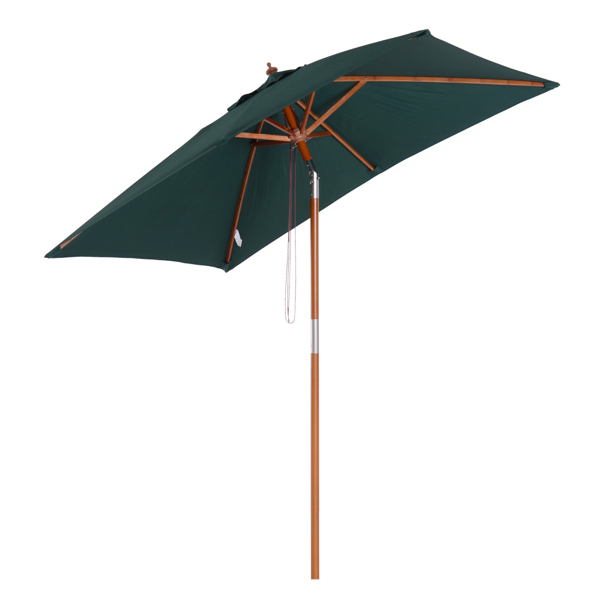 Tilting Garden Umbrella 2x1.5m with 6 Ribs, Wooden Pole and Rope Opening, Green - Borge' Group Limited