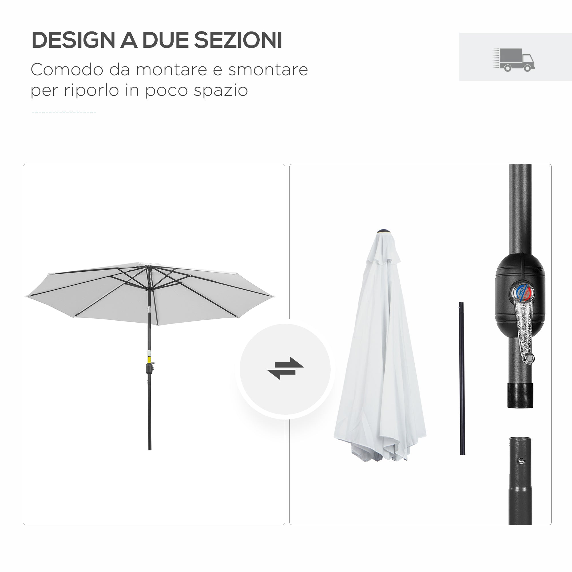 Garden Umbrella 3x2.5 m Tiltable with Removable Pole, in Metal and White Polyester - Borge' Group Limited