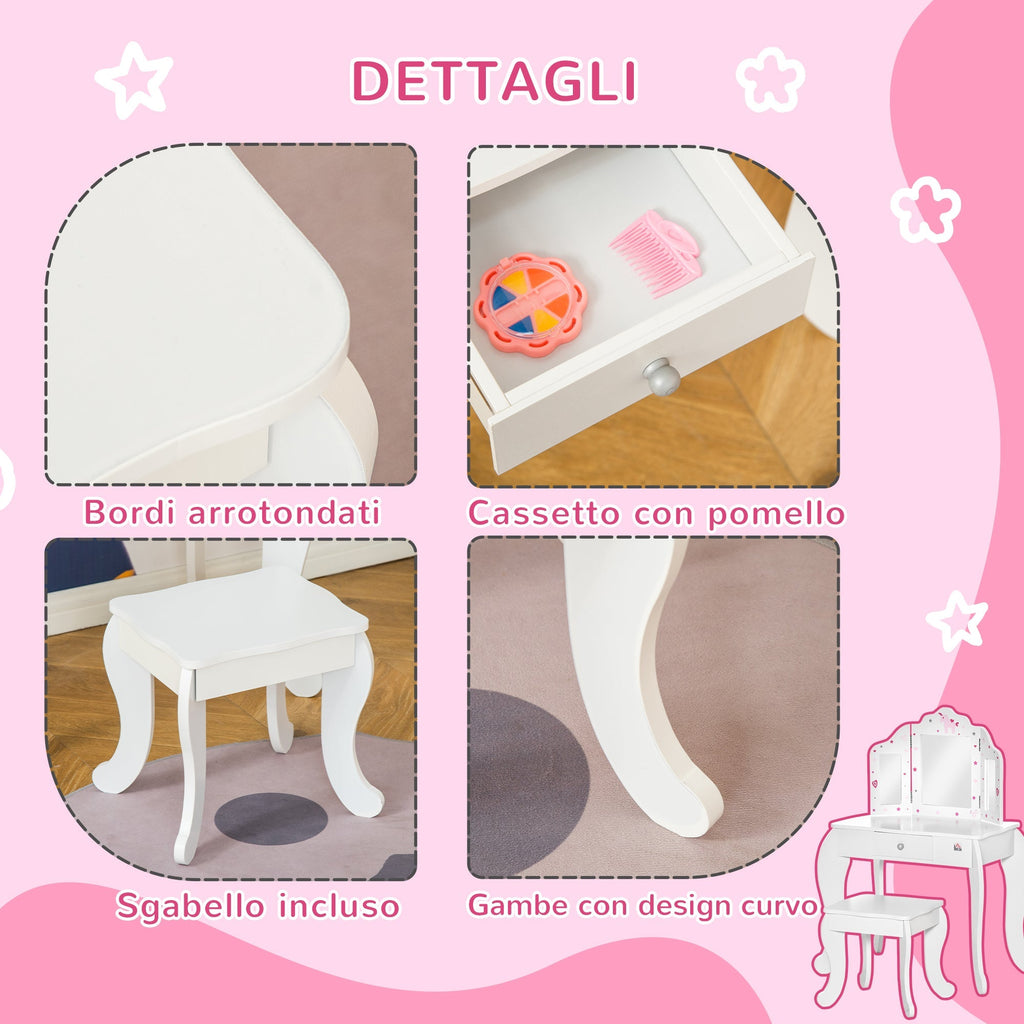 Vanity Table for children with wooden stool, makeup table with triple mirror and drawer, 63x40x85.5cm - Borgè
