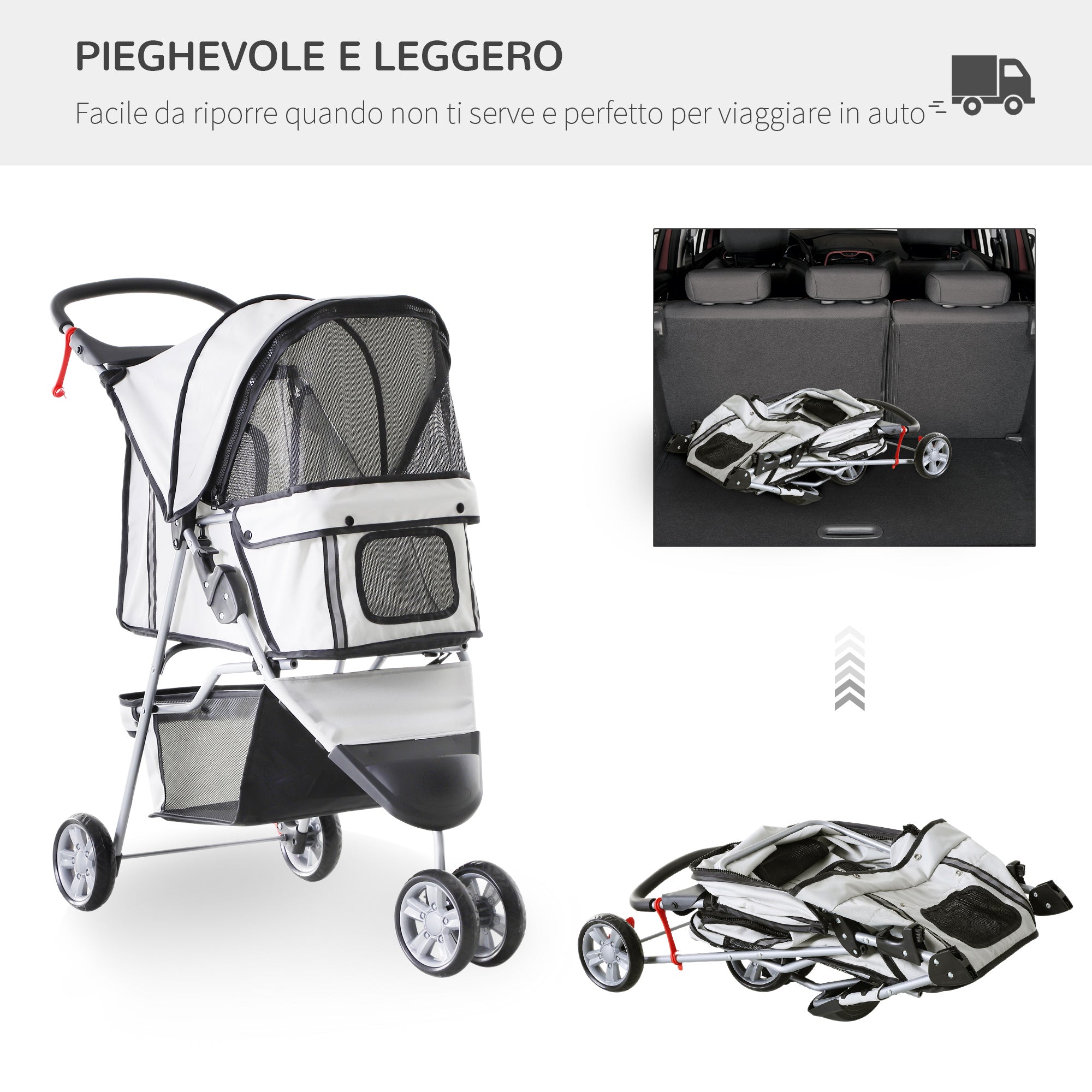 Folding Dog Stroller with Cup Holder and Basket, Steel and Polyester, 75x45x97 cm, Grey - Borge' Group Limited