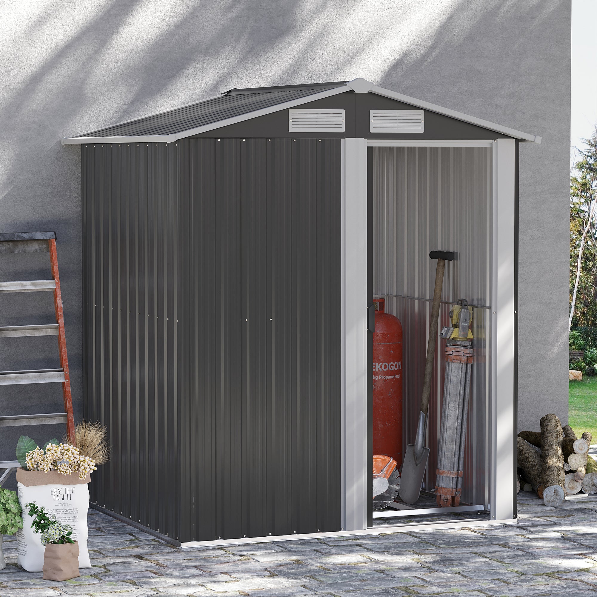 Steel Tool Shed with Sloped Roof and 4 Air Vents, 152x132x188cm, Dark Grey - Borge' Group Limited