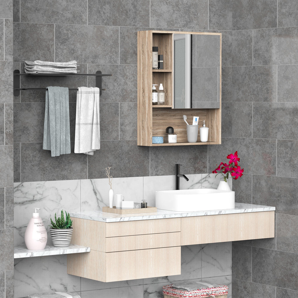kleankin mirror cabinet for bathroom with adjustable shelf oak wall mounting - Borgè