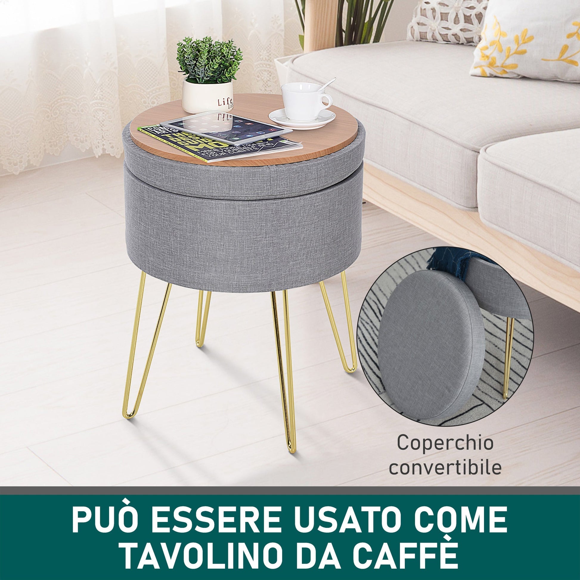 pouf container 2 in 1 with stool and table function, in wood and Grey fabric, metal with gold finish, 36x36x45cm - Borgè