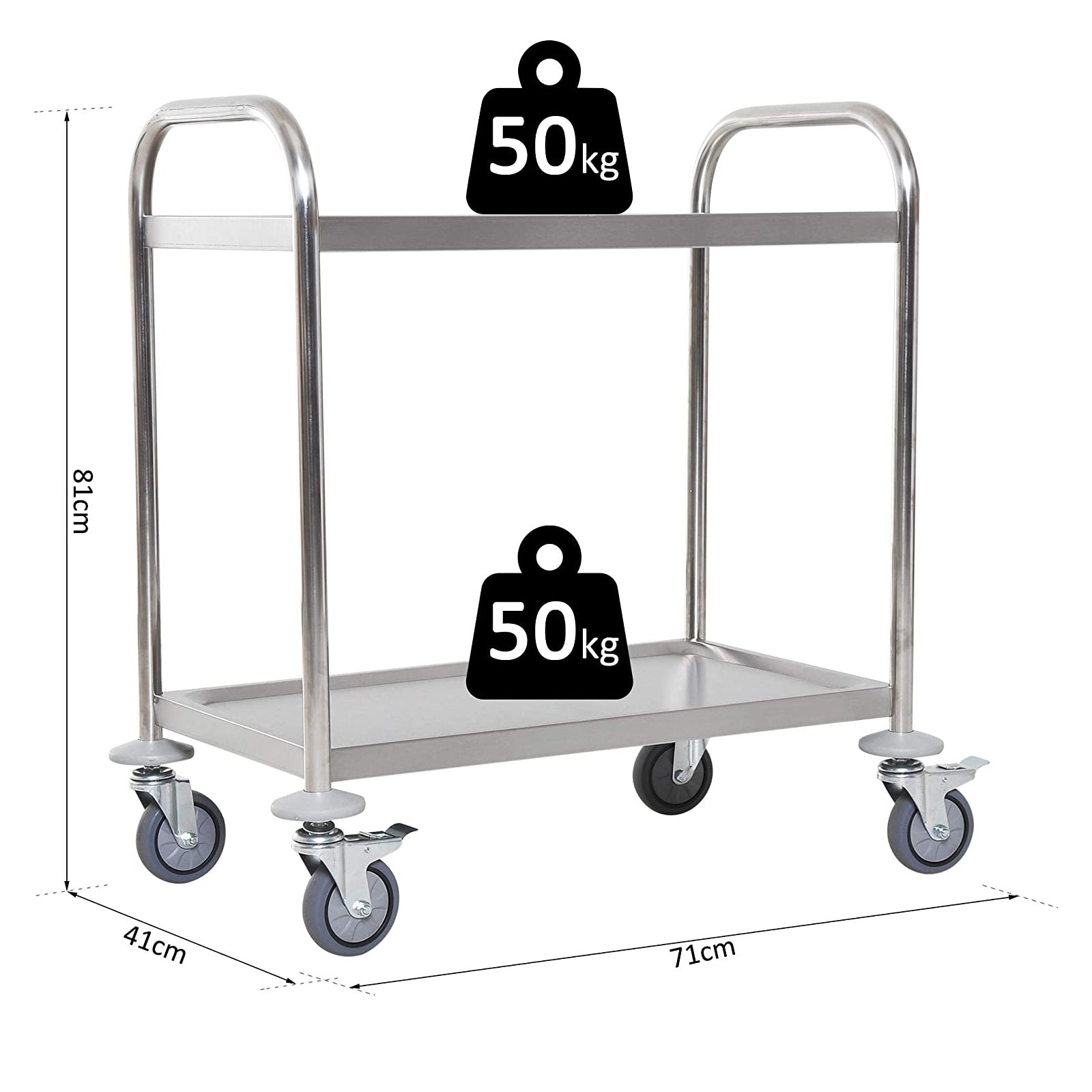 Homcom Kitchen Cart 2 shelves with stainless steel wheels 71x41x81cm, silver - Borgè