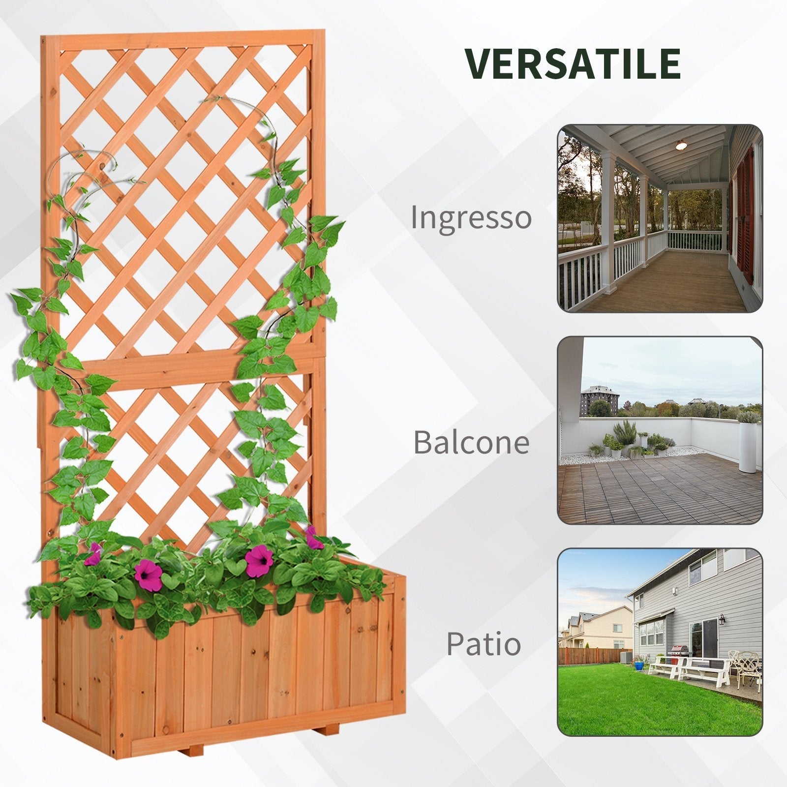 Outdoor Planter with Trellis for Climbing Plants and Pot, in Fir Wood, 72.5x31.5x149.5 cm, Orange - Borge' Group Limited