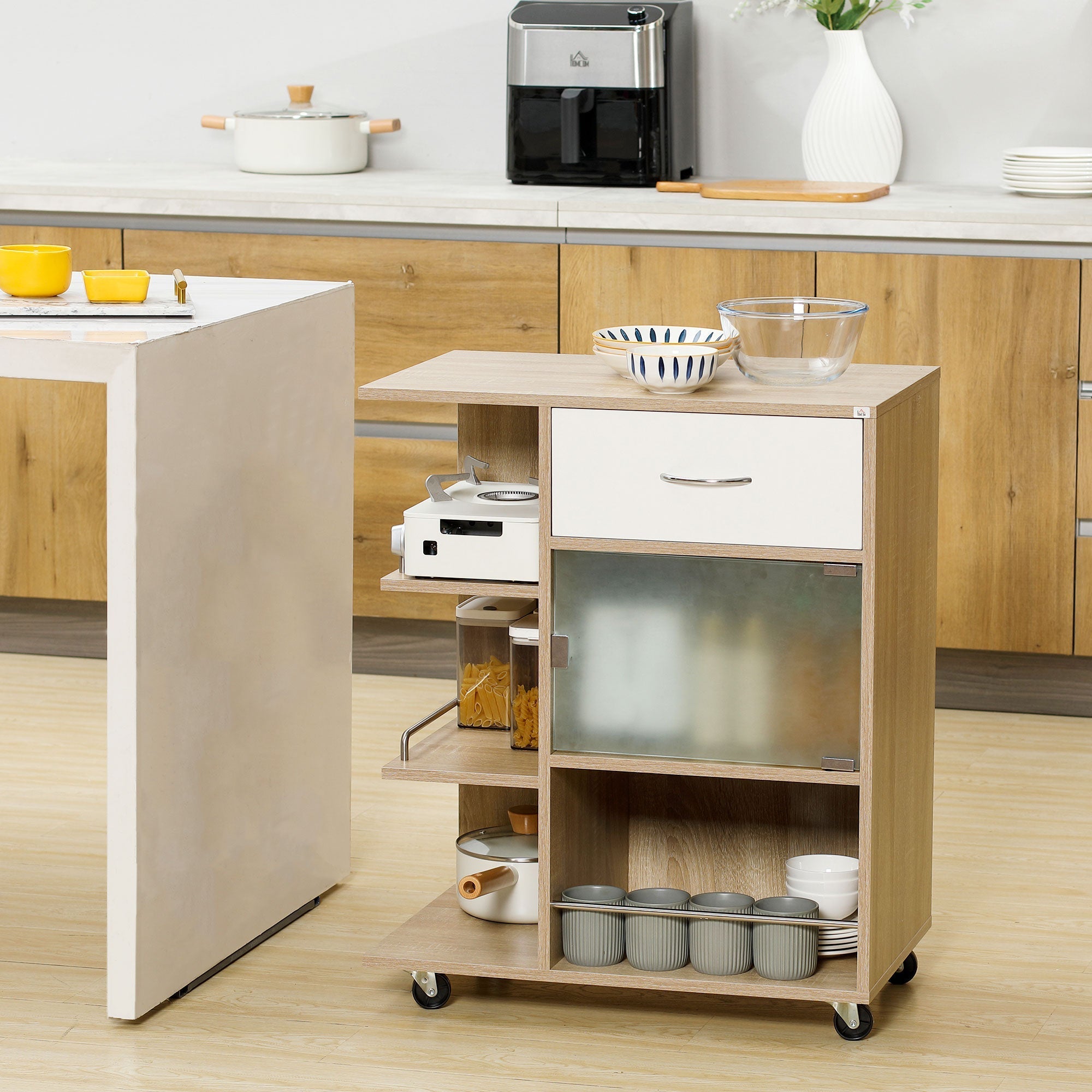 Kitchen Trolley spirits with drawer, shelves and wooden cabinet, steel and glass, 65x39x80cm - Borgè