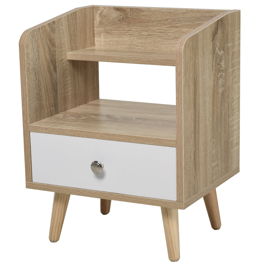bedside table saving cabinet with drawer and wooden shelf 37x30x48cm - oak/white - Borgè