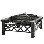SIENA | Garden Fire Pit with Lid Spark Guard and Metal BBQ Grill 76x76x47cm Black - Borge' Group Limited